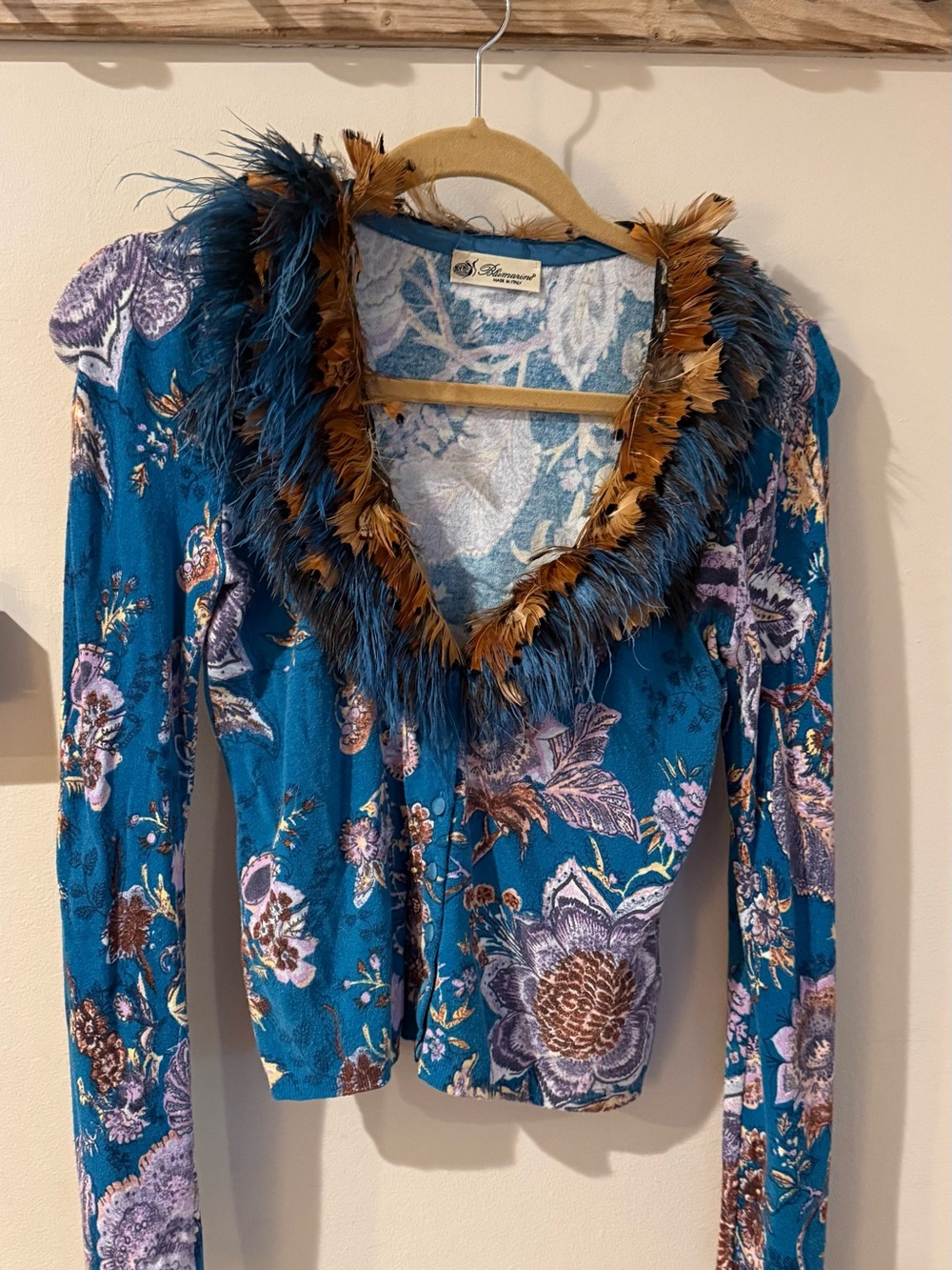 Blumarine Teal Floral Feather-Trim Cardigan with Brown Accent